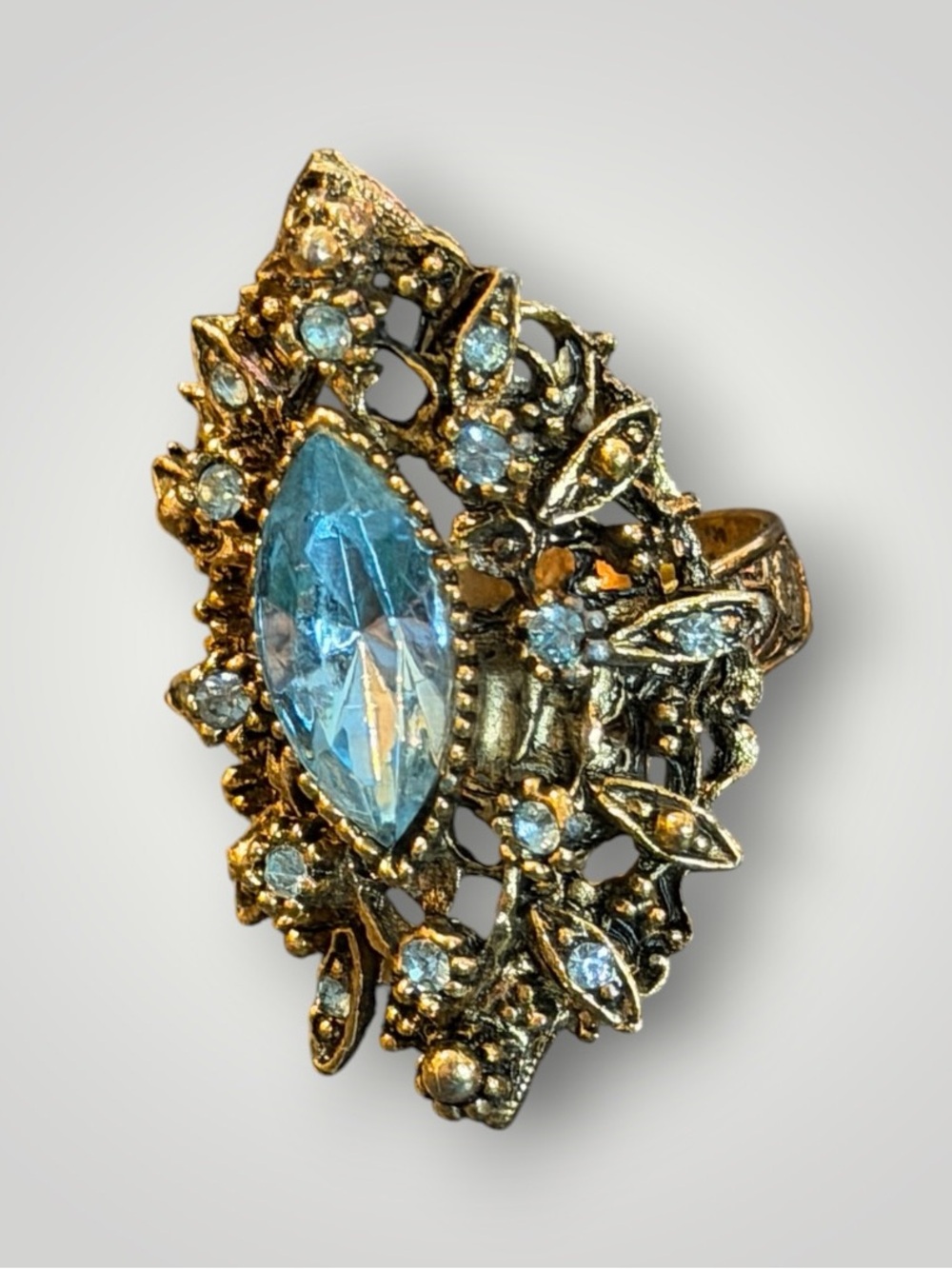 Victorian Revival Blue Rhinestone Adjustable Ring Antique Gold Statement Ring